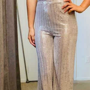 Silver sequin wide leg trousers suited for tall woman, perfect for the Holidays